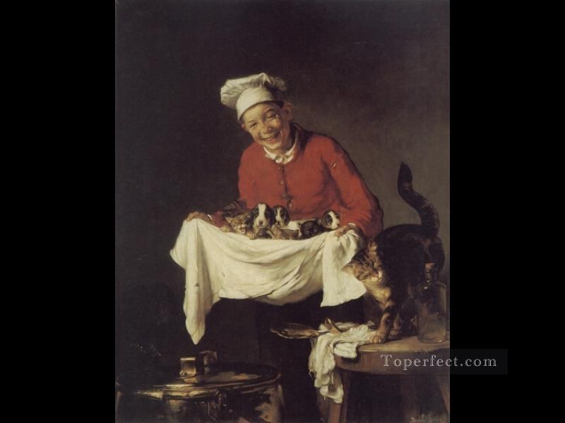 A Boy with dogs and Kittens Joseph Claude Bail Oil Paintings